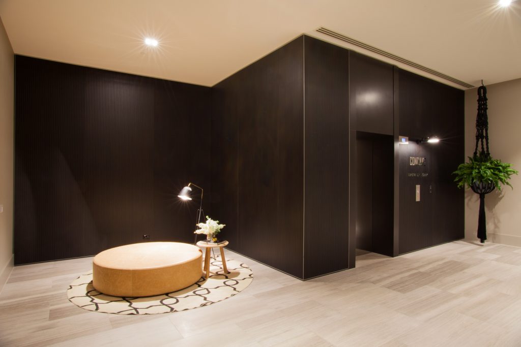 Architectural common areas created by ISM Interiors for the newly developed apartment building, Concavo, in Melbourne.