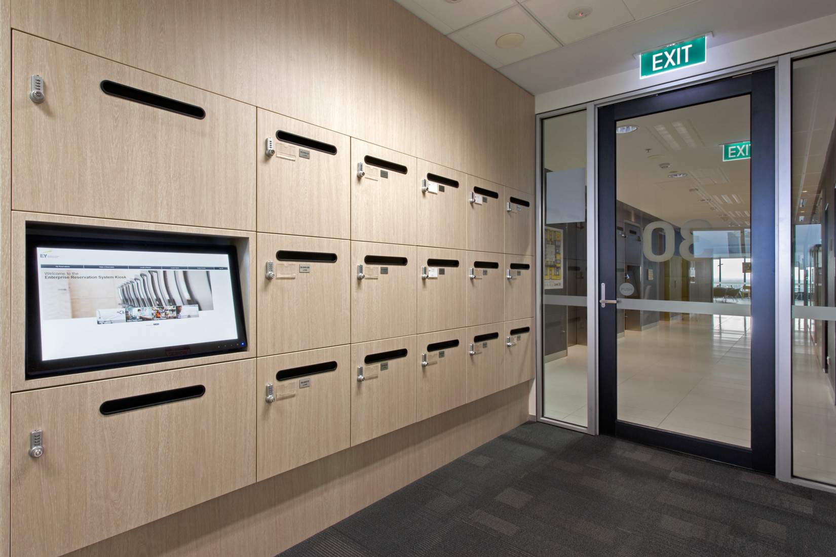 ISM Interiors built 1,850 custom locker banks, each one unique from the next, for the Ernst & Young office.