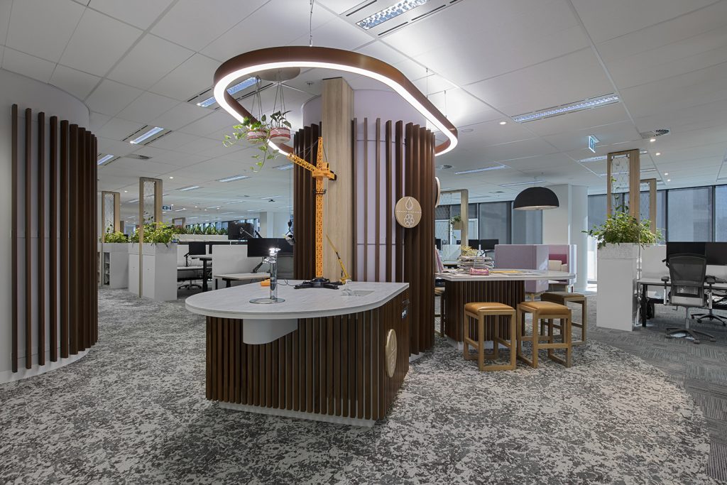 The WorkSafe office fit out by ISM Interiors featuring custom joinery and curved furniture.